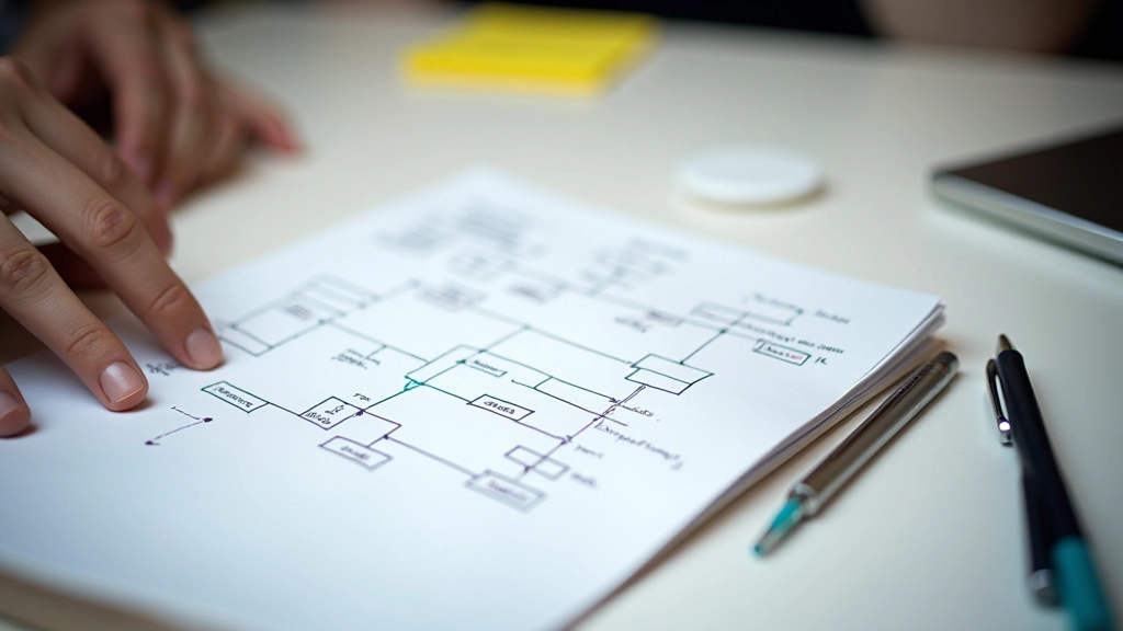 Close-up of workflow process diagram sketched on notebook with process improvement notes