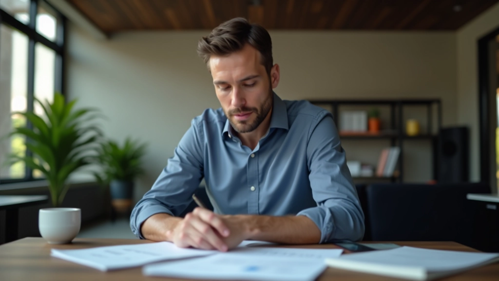 Manager at wooden desk with workflow templates and process documentation spread out, planning mode