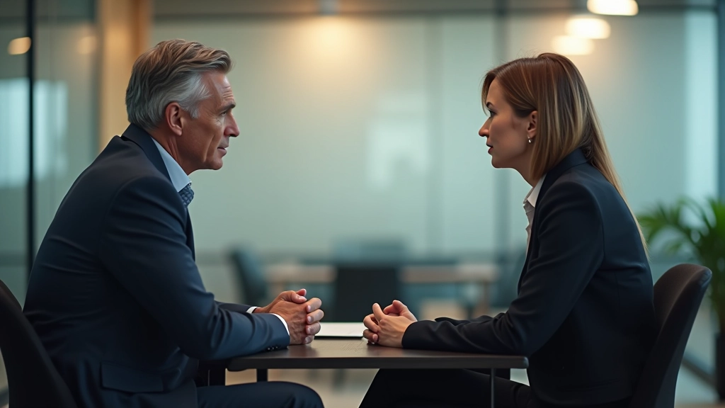 Manager and team member having positive feedback conversation in office setting