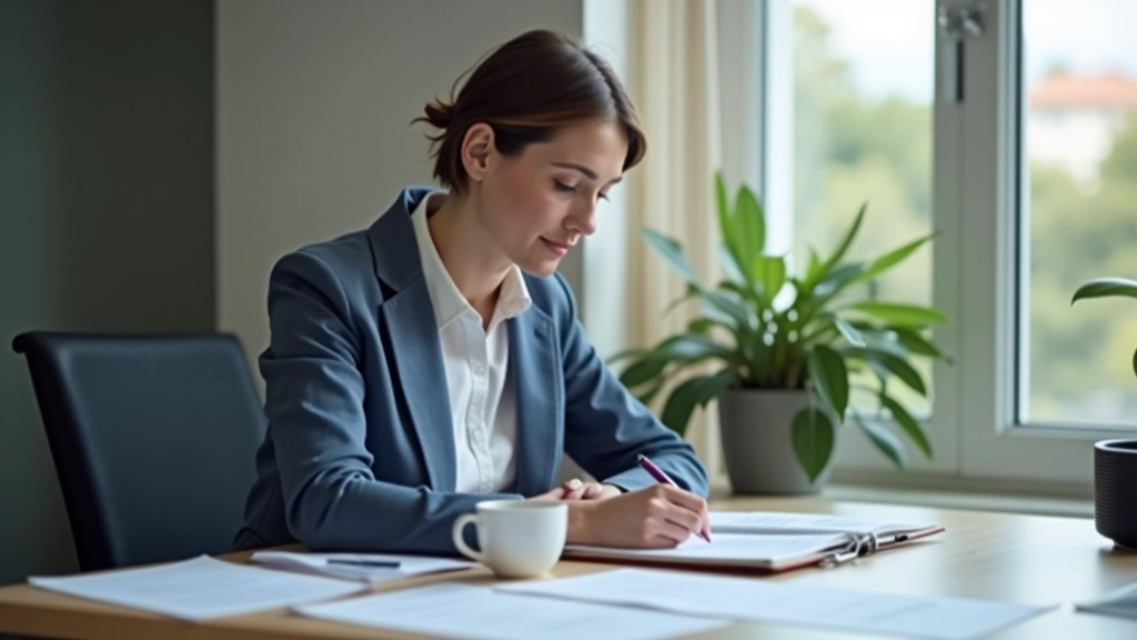 Person writing in notebook at wooden table with coffee cup and calculator nearby in morning light