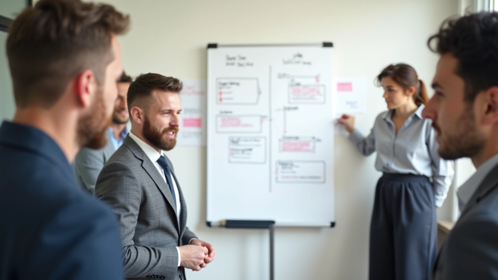 Team members collaborating around a whiteboard with workflow sketches and sticky notes